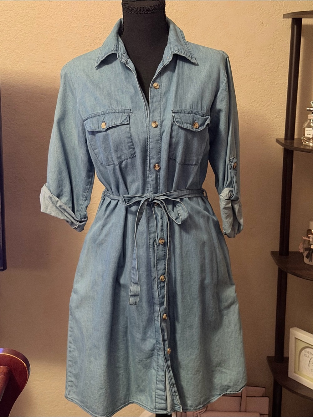 Light Wash Denim Shirt Dress with Tie Waist